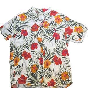 Reserva Men's White Tropical Hibiscus Floral Short Sleeve Linen Shirt